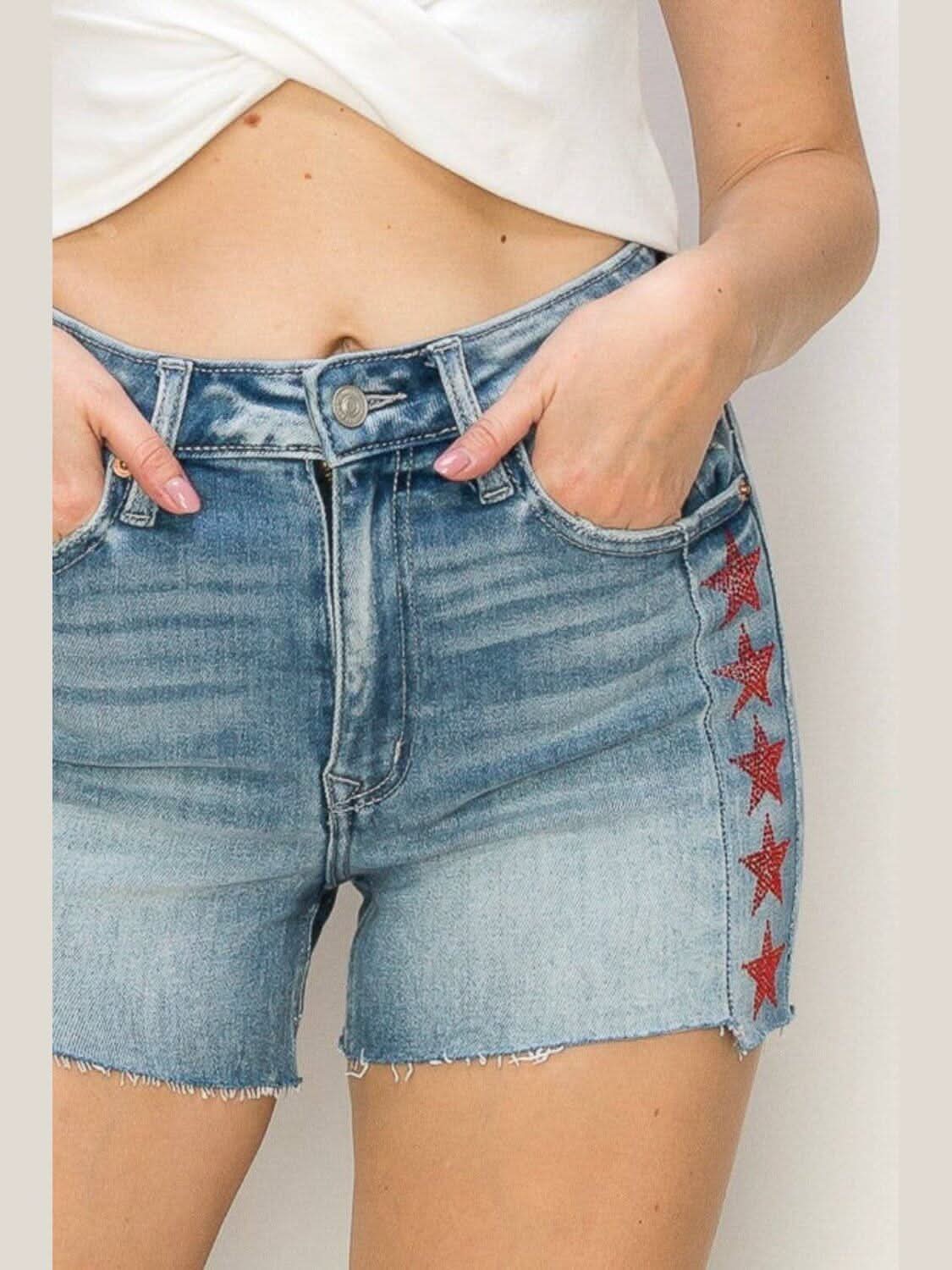 BLUE & RED STARS RHINESTONE HIGH RISE SHORTS