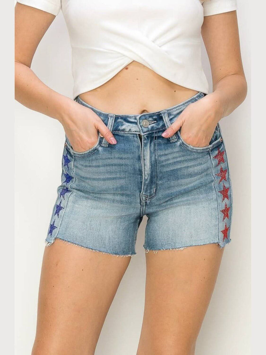 BLUE & RED STARS RHINESTONE HIGH RISE SHORTS