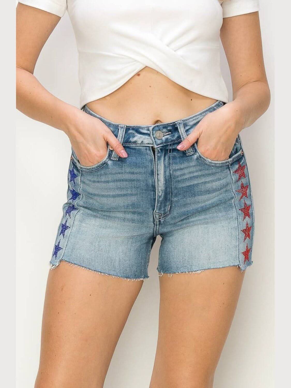 BLUE & RED STARS RHINESTONE HIGH RISE SHORTS