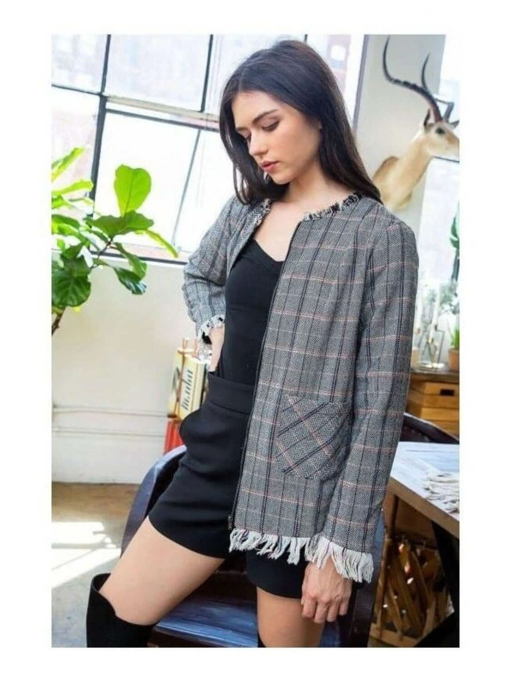 THML: Plaid Fringe Jacket with Pockets & Zipper