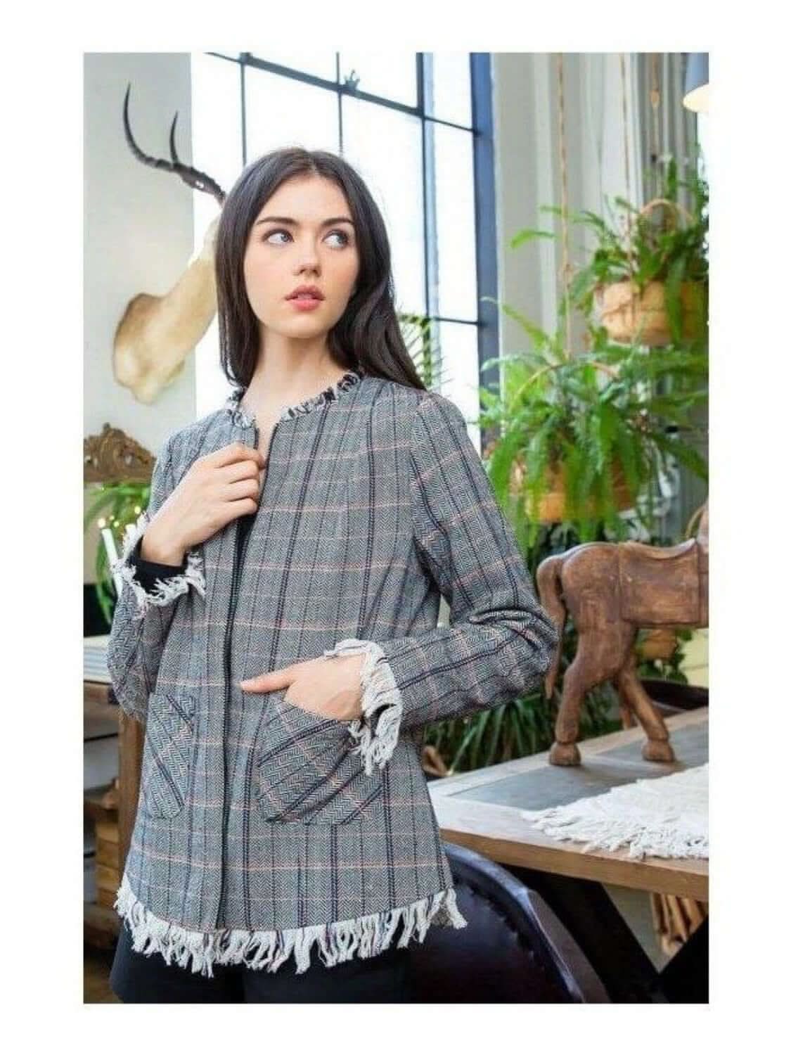 THML: Plaid Fringe Jacket with Pockets & Zipper