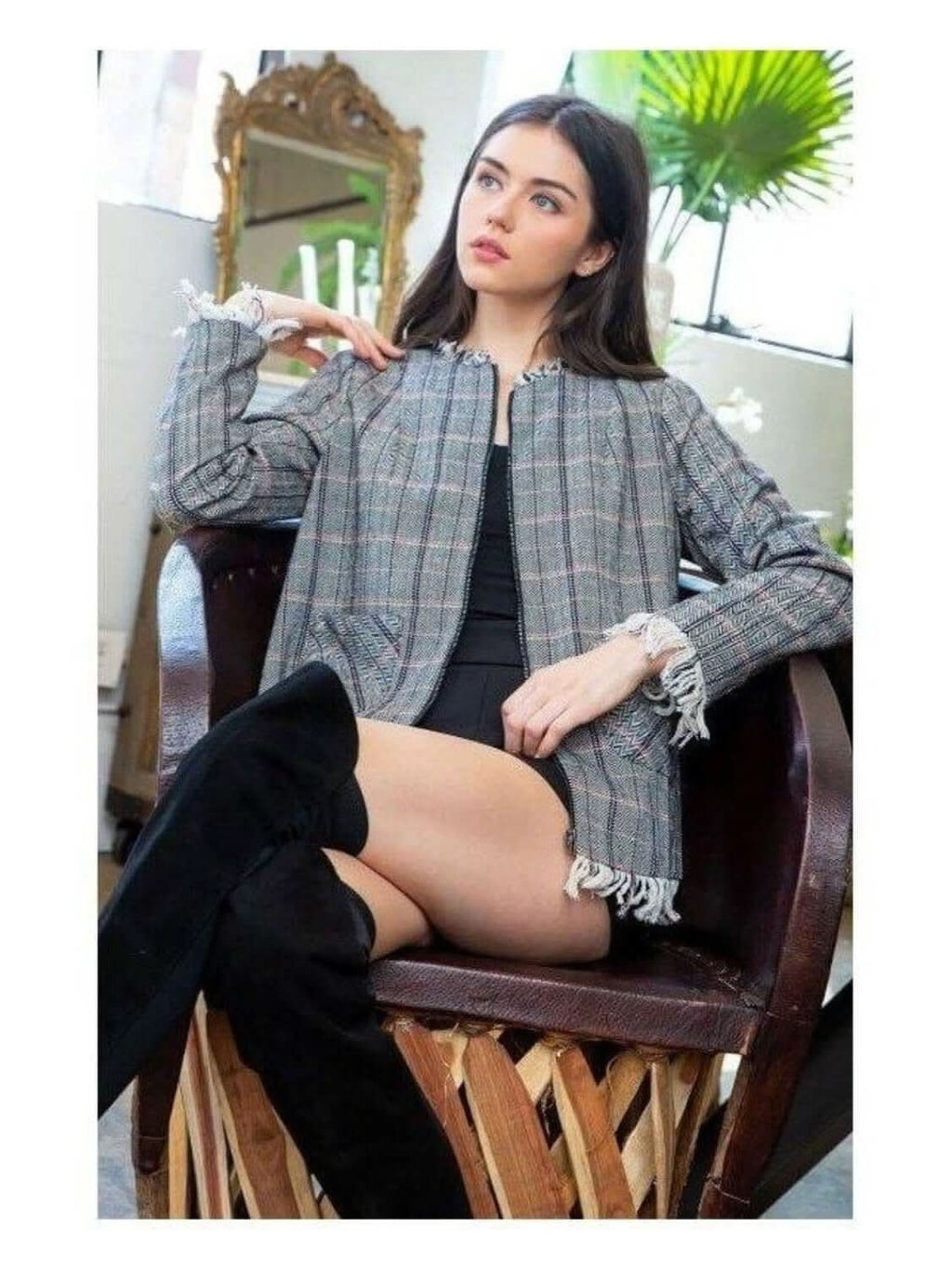 THML: Plaid Fringe Jacket with Pockets & Zipper
