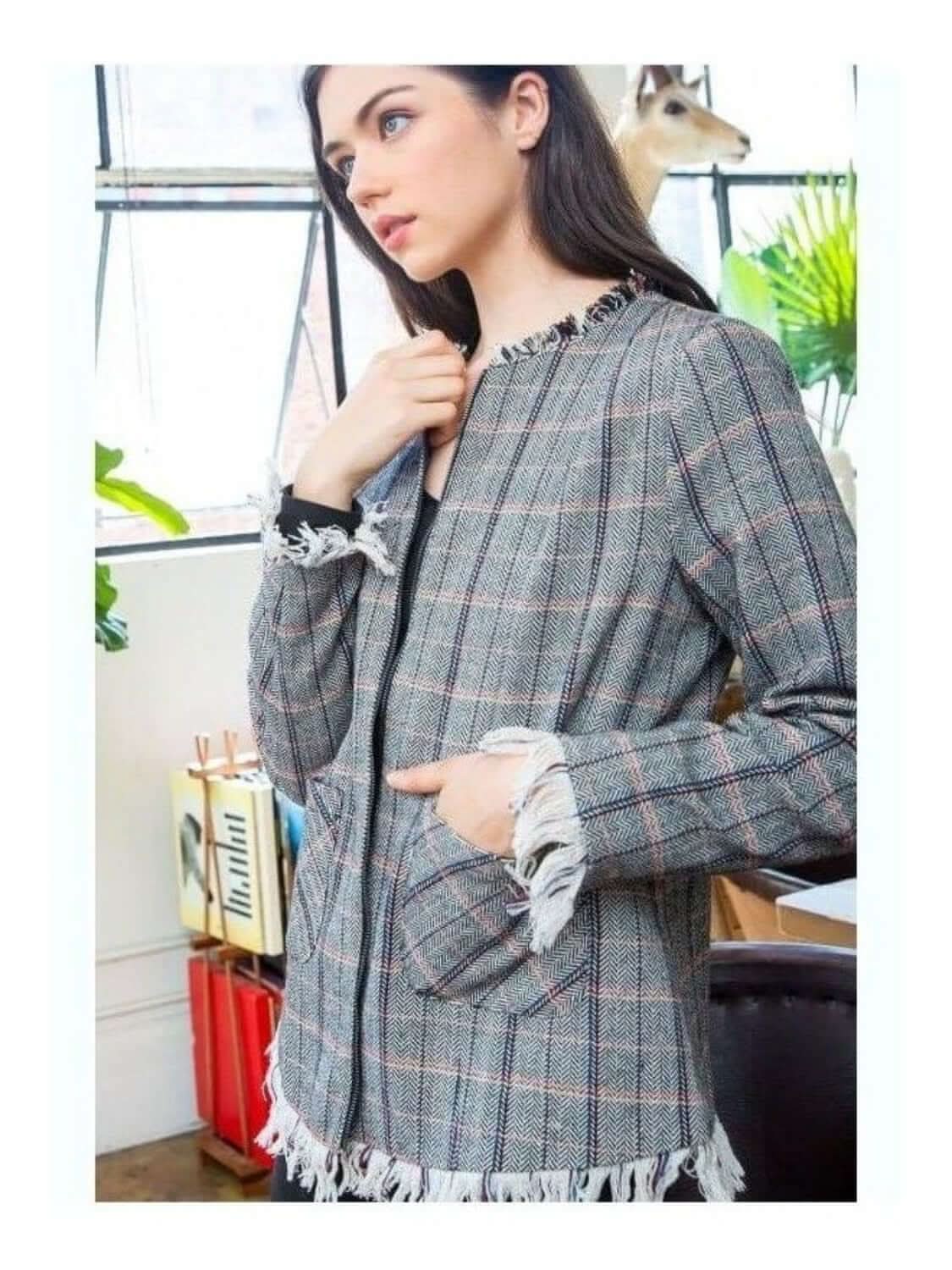 THML: Plaid Fringe Jacket with Pockets & Zipper